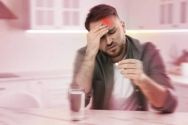 Man Pill Suffering Migraine Kitchen — Stock Photo, Image