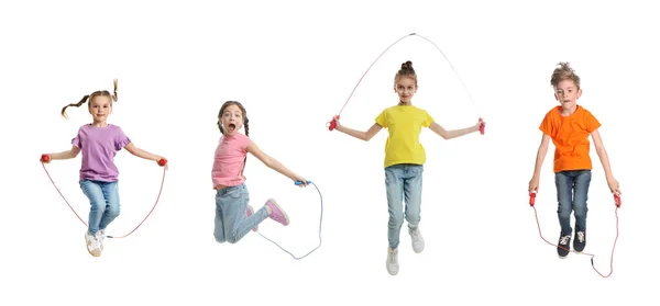 Cute Happy Children Jumping Ropes White Background Collage Banner Design — Stock Photo, Image