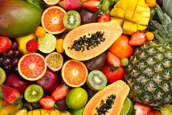 Muchas Frutas Exóticas Deliciosas Diferentes Como Fondo Vista Superior — Foto de Stock