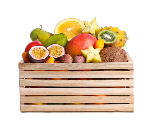 Wooden Crate Different Exotic Fruits White Background — Stock Photo, Image