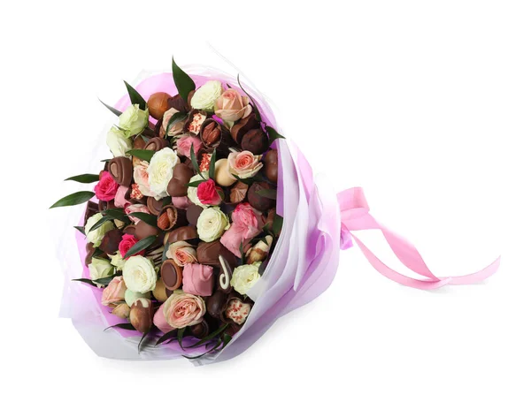 Bellissimo Bouquet Fiori Caramelle Cioccolato Isolate Bianco — Foto Stock