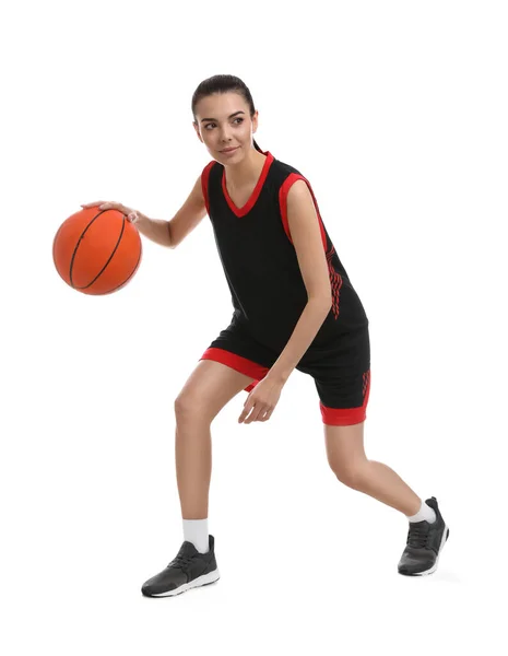 Jogador Basquete Com Bola Fundo Branco — Fotografia de Stock