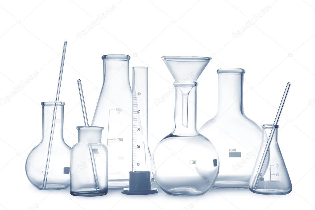 Empty clean laboratory glassware on white background