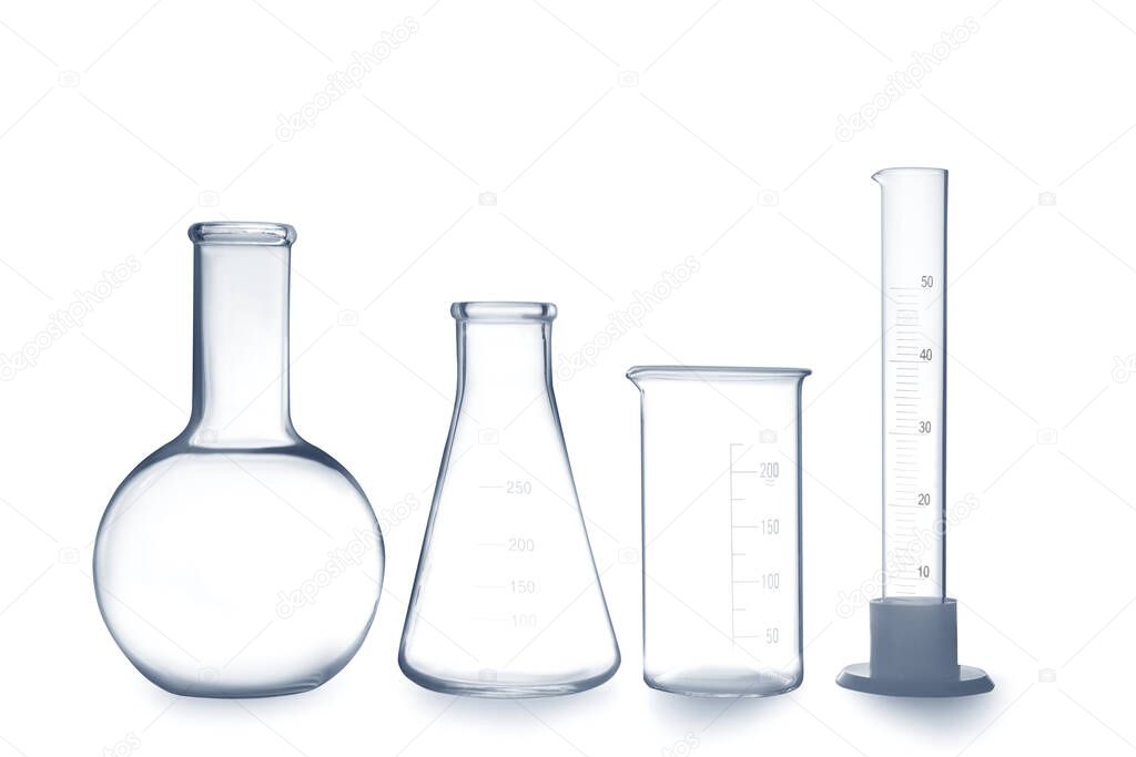 Empty clean laboratory glassware on white background