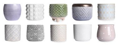 Beyaz arka planda farklı seramik saksılarla ayarlanmış. Pankart tasarımı