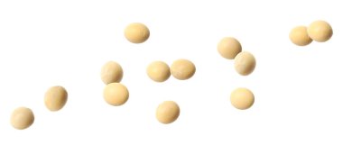 Beyaz arka planda bir sürü soya fasulyesi, afiş tasarımı. Vejetaryen diyeti 