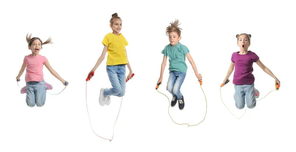 Bambini Felici Svegli Con Corde Salto Sfondo Bianco Collage Design — Foto Stock