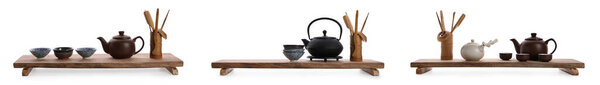 Beautiful sets for traditional tea ceremony on white background, collage. Banner design