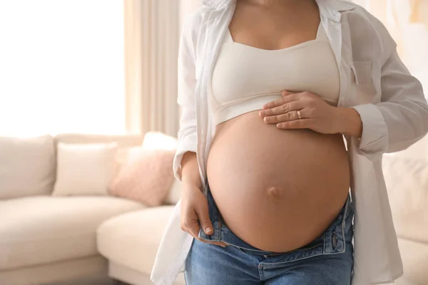 Pregnant Young Woman Touching Belly Home Closeup Space Text — Stock Photo, Image