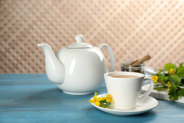 Aromatic Celandine Tea Flowers Light Blue Wooden Table — Stock Photo, Image