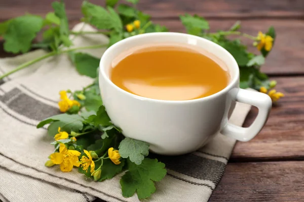 Cup Aromatic Celandine Tea Flowers Wooden Table Closeup — Stock Photo, Image