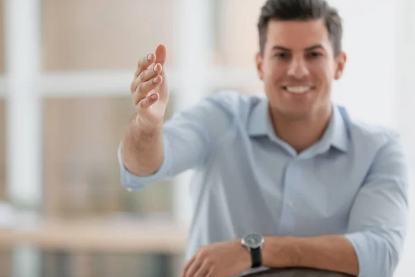 Businessman Reaching Out Handshake Office Focus Hand — Stock Photo, Image