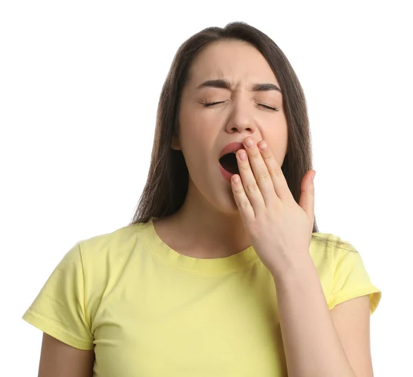 Jeune Femme Fatiguée Bâillant Sur Fond Blanc — Photo