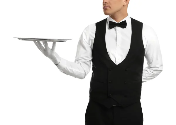 Elegante Butler Met Zilveren Dienblad Geïsoleerd Wit Close — Stockfoto