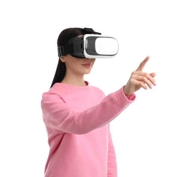 Mulher Usando Fone Ouvido Realidade Virtual Fundo Branco — Fotografia de Stock