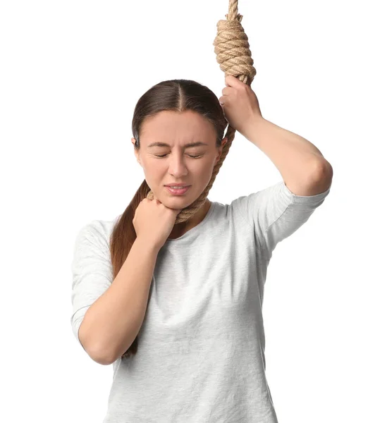 Depressive Frau Mit Strickschlinge Hals Vor Weißem Hintergrund — Stockfoto