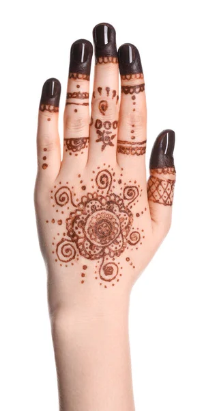 Vrouw Met Henna Tatoeage Bij Hand Tegen Witte Achtergrond Close — Stockfoto