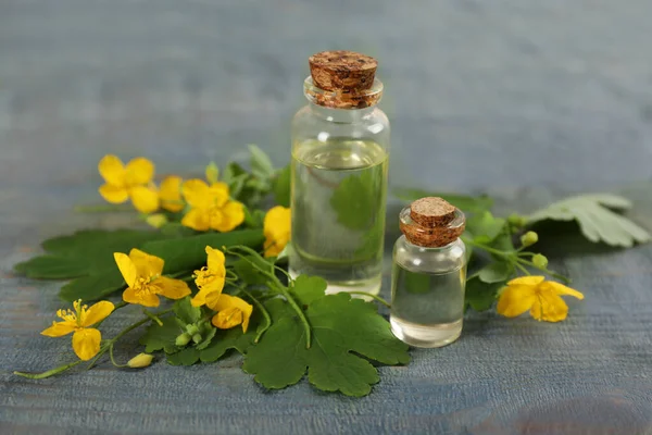 青い木製のテーブルの上に花の近くに天然セランディン油のボトル — ストック写真