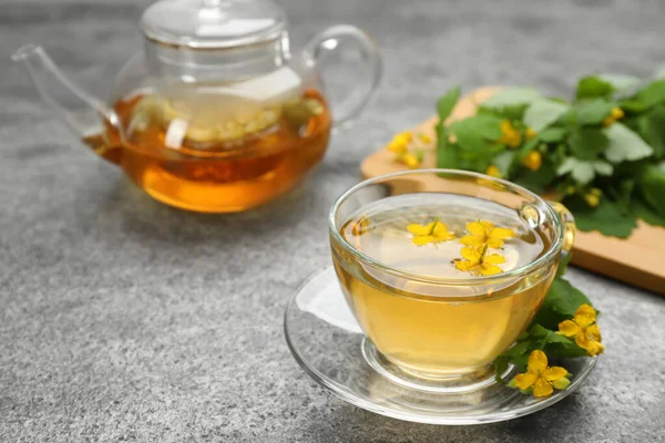 Aromático Celidonia Flores Sobre Mesa Gris Espacio Para Texto — Foto de Stock