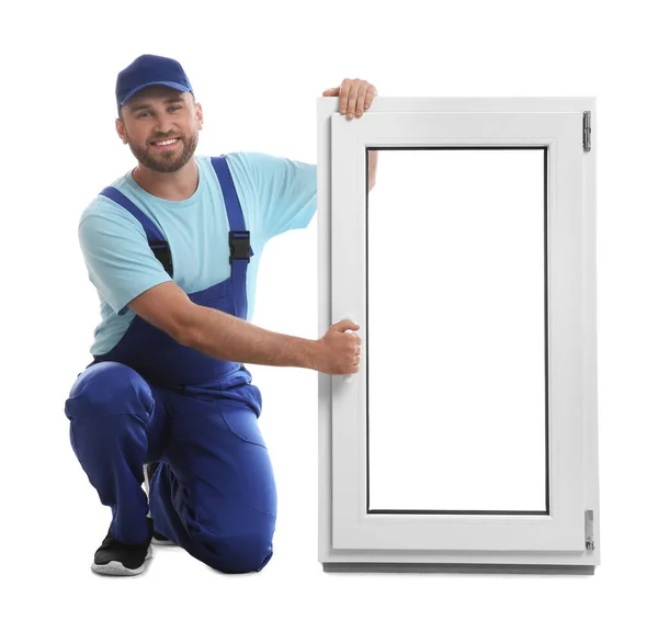 Trabajador Con Ventana Plástico Sobre Fondo Blanco Servicio Instalación —  Fotos de Stock