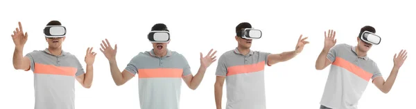 Man Using Virtual Reality Headset White Background Collage Banner Design — Stock Photo, Image