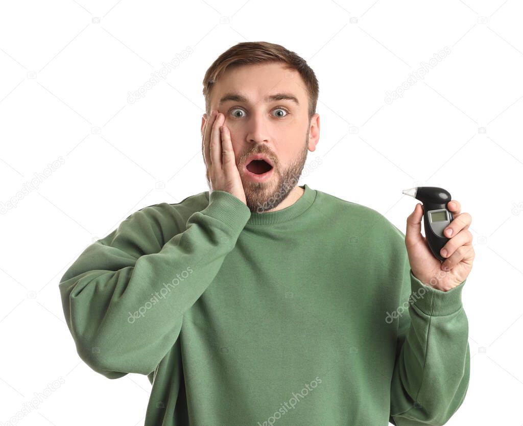 Emotional man with breathalyzer on white background