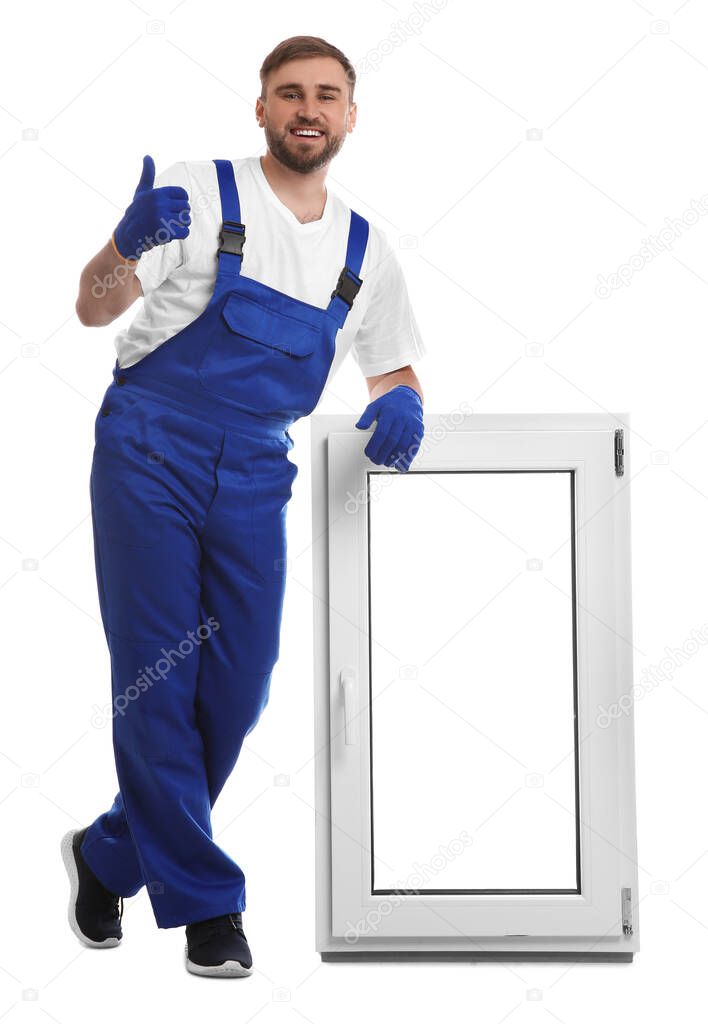 Worker with plastic window on white background. Installation service