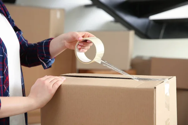 Woman Taping Cardboard Box Indoors Closeup Moving Day — Stock Photo, Image