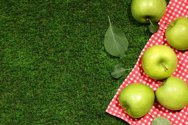 Pommes Vertes Mûres Avec Des Feuilles Une Couverture Pique Nique — Photo