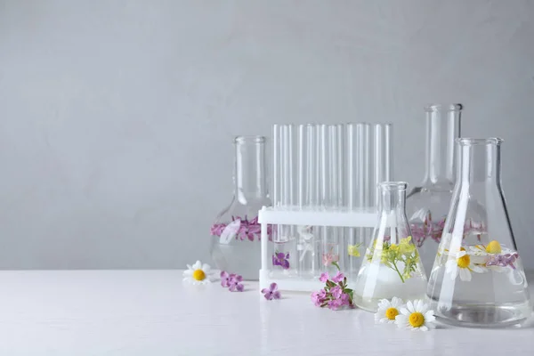 Vidrio Laboratorio Con Flores Sobre Mesa Madera Blanca Extracción Aceite — Foto de Stock