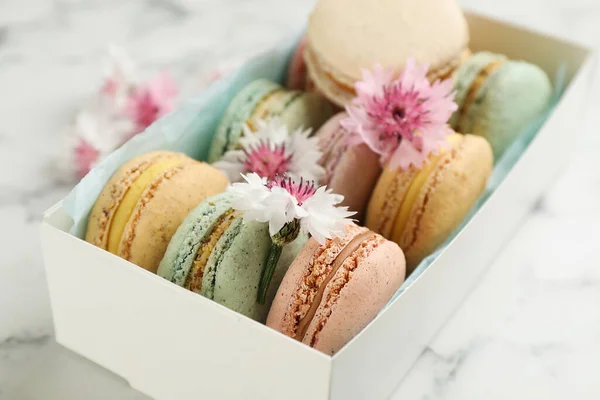 Delicious Macarons Flowers Box White Marble Table Closeup — Stock Photo, Image