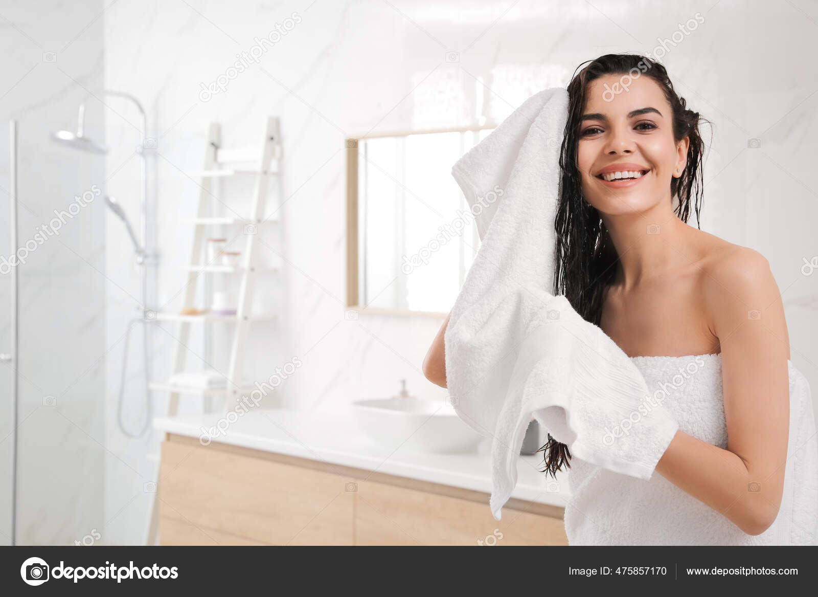 Happy Young Woman Drying Hair Towel Washing Bathroom Space Text