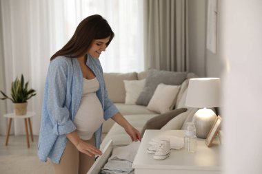 Hamile kadın evde klozetten kıyafet alıyor.