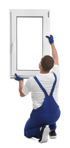 Worker Plastic Window White Background Back View Installation Service — Stock Photo, Image