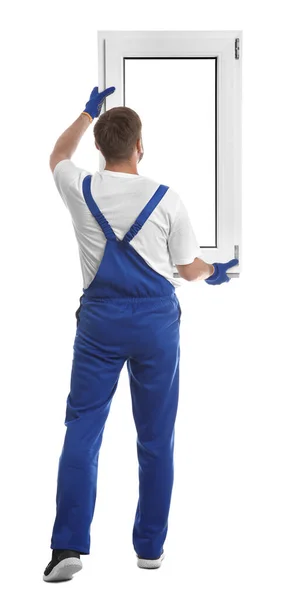 Worker Plastic Window White Background Back View Installation Service — Stock Photo, Image