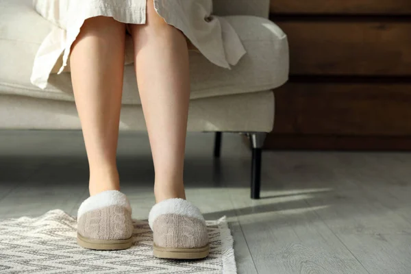 Woman Soft Slippers Home Closeup — Stock Photo, Image
