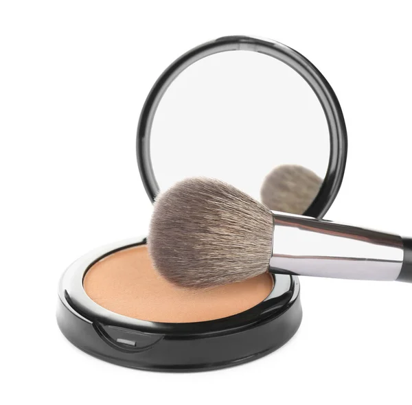Cara Com Escova Sobre Fundo Branco Produto Maquiagem — Fotografia de Stock