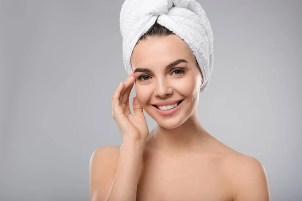 Happy Young Woman Towel Head Light Grey Background Washing Hair — Stock Photo, Image