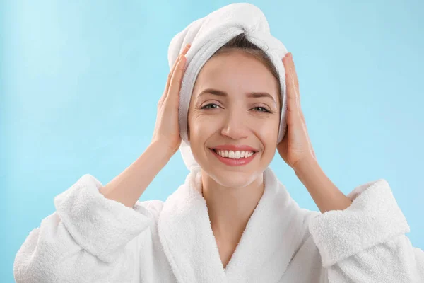 Beautiful Young Woman Hair Wrapped Towel Washing Light Blue Background — Stock Photo, Image