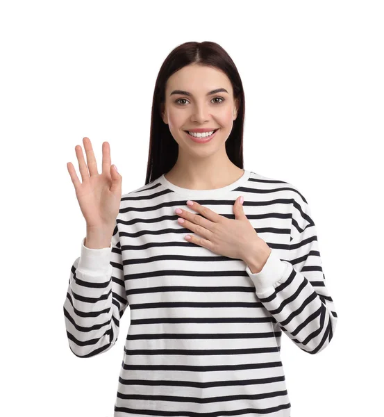 Atractiva Mujer Joven Mostrando Gesto Saludo Sobre Fondo Blanco — Foto de Stock