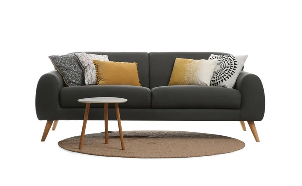 Bequemes Graues Sofa Mit Kissen Tisch Und Teppich Auf Weißem — Stockfoto