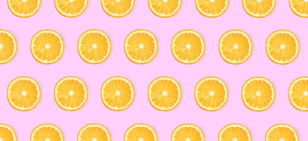 Slices Sinaasappels Roze Achtergrond Plat Gelegd Banner Ontwerp — Stockfoto