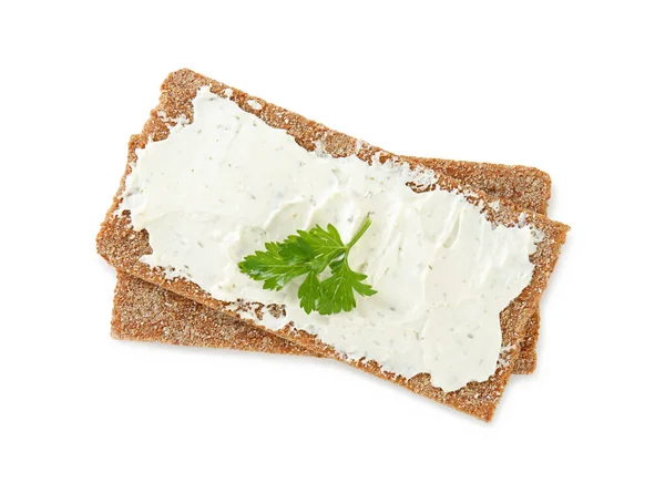 Φρέσκα Κριτσίνια Σίκαλης Τυρί Κρέμα Και Μαϊντανό Λευκό Φόντο Κορυφαία — Φωτογραφία Αρχείου