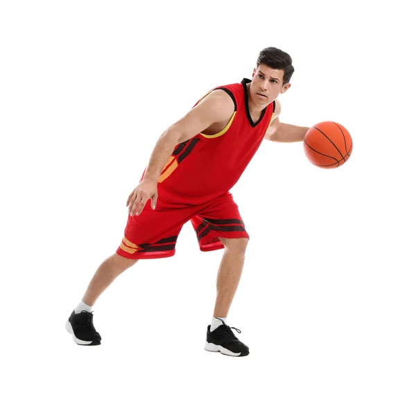 Esportista Profissional Jogando Basquete Fundo Branco — Fotografia de Stock