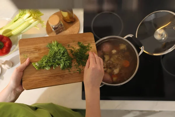 Woman Putting Dill Pot Make Bouillon Kitchen Top View Homemade — Stock Photo, Image