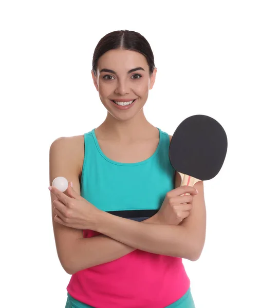 Hermosa Joven Con Raqueta Tenis Mesa Pelota Sobre Fondo Blanco —  Fotos de Stock