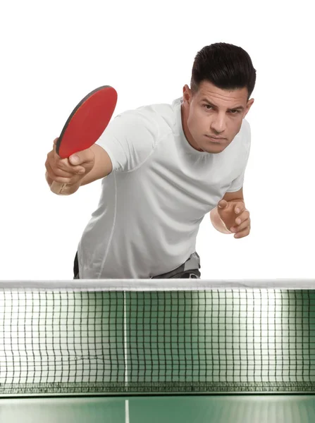 Hombre Guapo Jugando Ping Pong Sobre Fondo Blanco —  Fotos de Stock