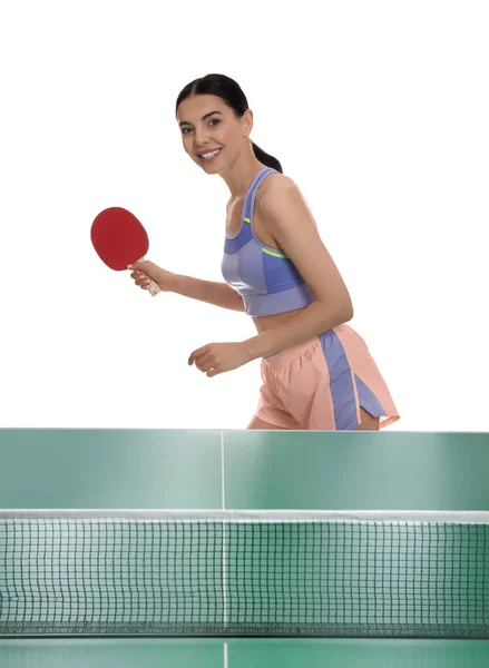 Hermosa Joven Jugando Ping Pong Sobre Fondo Blanco —  Fotos de Stock