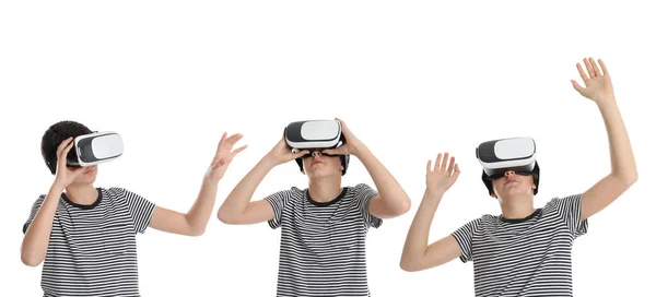 Adolescente Usando Fone Ouvido Realidade Virtual Fundo Branco Colagem Design — Fotografia de Stock