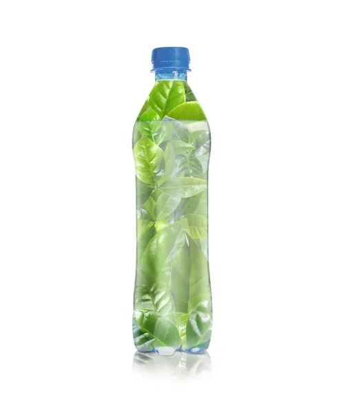 Fles Gemaakt Van Biologisch Afbreekbaar Plastic Groene Bladeren Witte Achtergrond — Stockfoto
